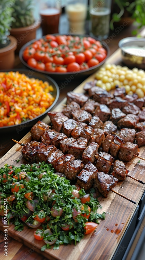 Obraz premium Eid Al-Adha food spread offers diverse dishes, vibrant presentation, traditional recipes, festive table, colorful ingredients, joyous atmosphere