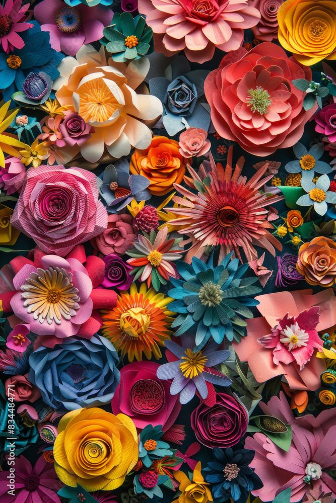 A dense arrangement of paper flowers in various colors and designs, filling the entire frame. The flowers display intricate details and vibrant hues, creating a beautiful and artistic background. 