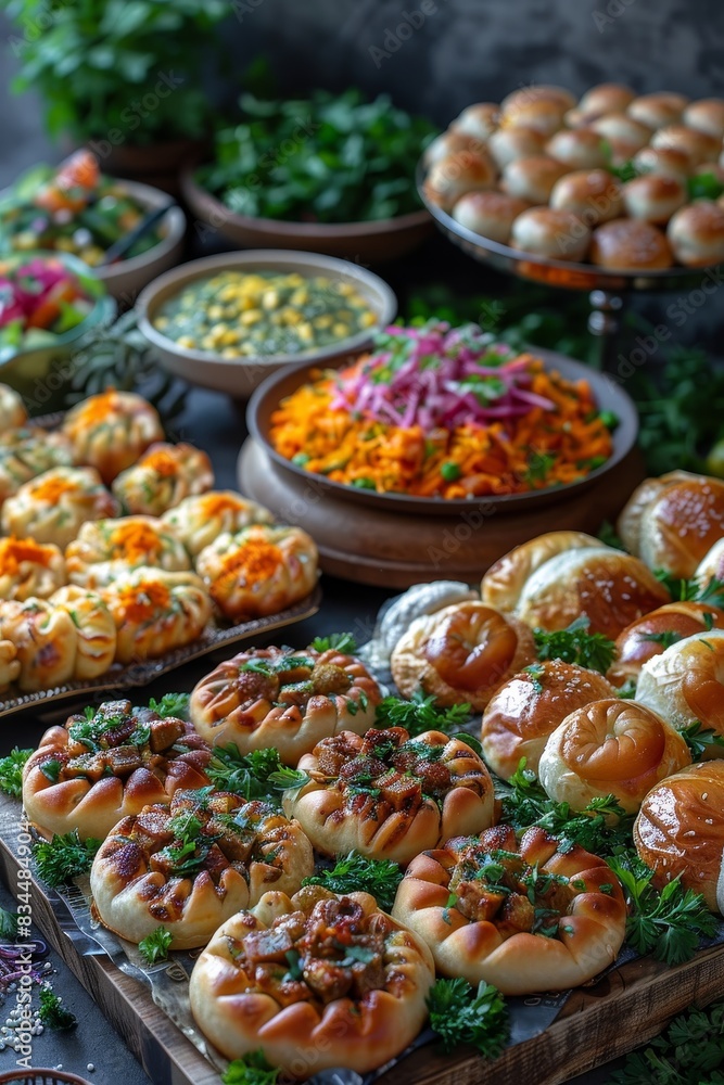Eid Al-Adha food spread, diverse dishes, vibrant presentation, traditional recipes, festive table, colorful ingredients, joyous atmosphere Eid Al-Adha food spread, diverse dishes, vibrant presentation, traditional recipes, festive table, colorful ingredients, joyous atmosphere