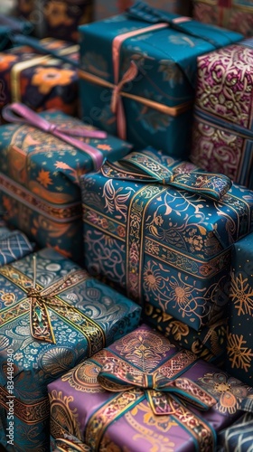 Eid Al-Adha gifts with traditional patterns and colorful wrapping create a festive cultural celebration vibe © Fokasu Art