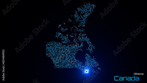 Canada, with its capital city of Ottawa, is represented as a microchip with a central processing unit. A technological representation of the country's outline. Black background.
