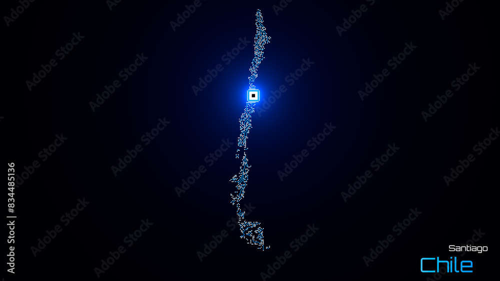 Chile, with its capital city of Santiago, is represented as a microchip with a central processing unit. A technological representation of the country's outline. Black background. Chile, with its capital city of Santiago, is represented as a microchip with a central processing unit. A technological representation of the country's outline. Black background.