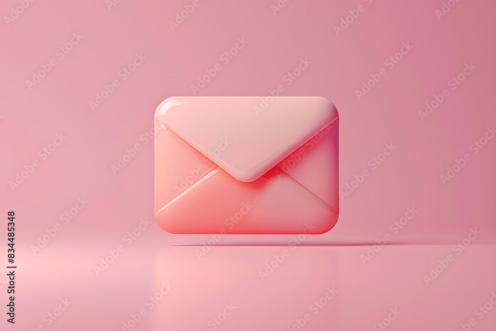 A magenta plastic rectangle envelope is floating in the air on an electric blue background. The event invitation inside features a peach and carmine heart design with a metal font A magenta plastic rectangle envelope is floating in the air on an electric blue background. The event invitation inside features a peach and carmine heart design with a metal font