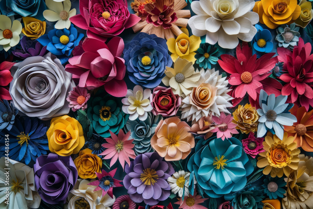 A dense arrangement of paper flowers in various colors and designs, filling the entire frame. The flowers display intricate details and vibrant hues, creating a beautiful and artistic background. A dense arrangement of paper flowers in various colors and designs, filling the entire frame. The flowers display intricate details and vibrant hues, creating a beautiful and artistic background.