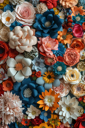 A dense arrangement of paper flowers in various colors and designs, filling the entire frame. The flowers display intricate details and vibrant hues, creating a beautiful and artistic background. 