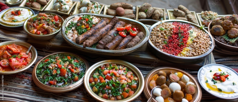 Celebrating Eid Al-Adha with a diverse array of dishes at a family dinner, set on a festive table in an indoor setting Celebrating Eid Al-Adha with a diverse array of dishes at a family dinner, set on a festive table in an indoor setting