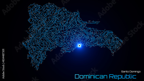 Dominican Republic, with its capital city of Santo Domingo, is represented as a microchip with a central processing unit. A technological representation of the country's outline. Black background.