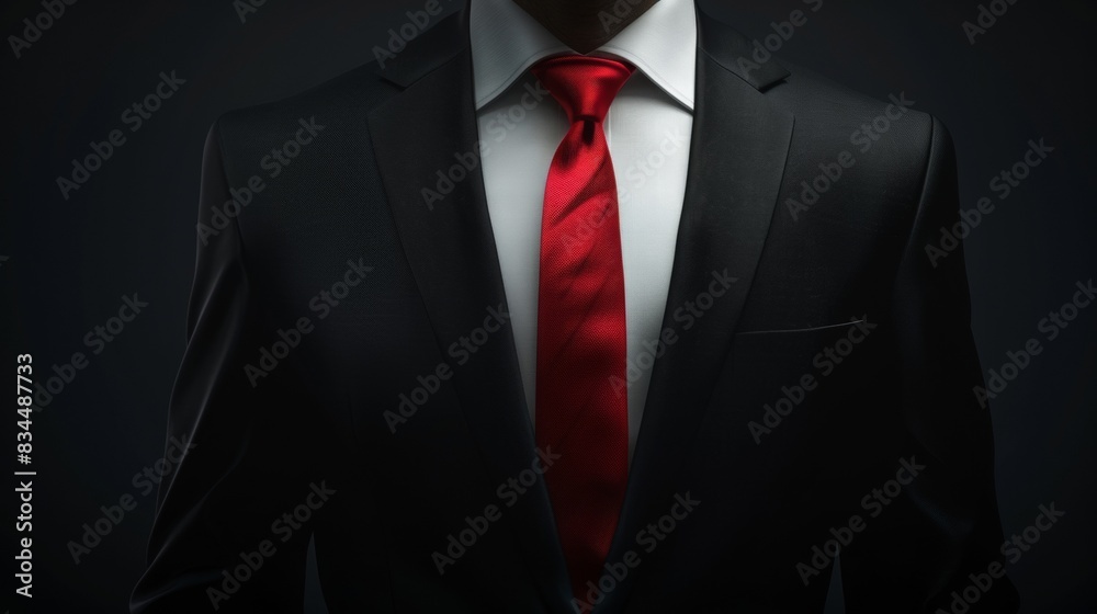 Black suit and red tie, dark background around. Black suit and red tie, dark background around.