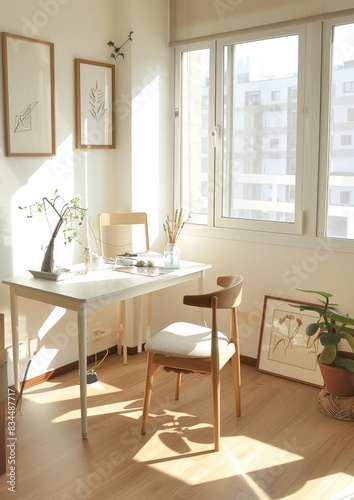 Bright sunlight  butter color  metal white tone desk and furniture  simple and soft feeling  Korean-style apartment