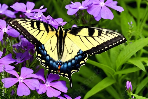 Butterfly on Flowers. An Eastern Tiger Swallowtail butterfly drinking nectar from creeping phlox flowers. photo