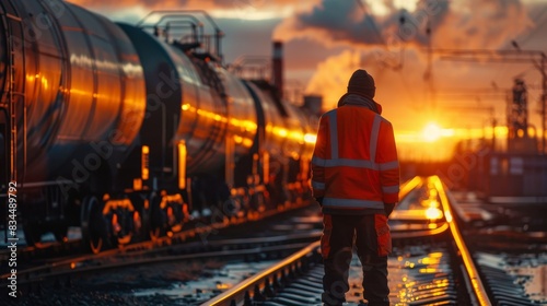  Back View of a Service Worker Overlooking a Freight Train Oil Transport. scale and importance of the energy sector.
