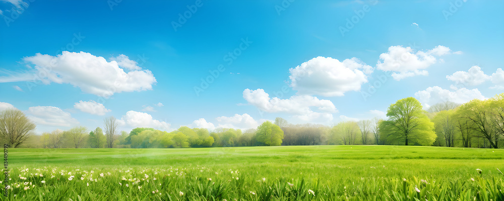 Fototapeta premium Beautiful blurred background image of spring nature with a neatly trimmed lawn surrounded by trees against a blue sky with clouds on a bright sunny day.