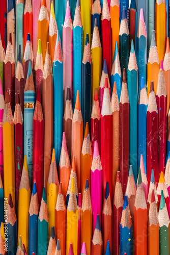 A dense arrangement of colorful pencils, all pointing in different directions, filling the entire frame. The pencils display vibrant hues such as red, blue, yellow, green, and pink.