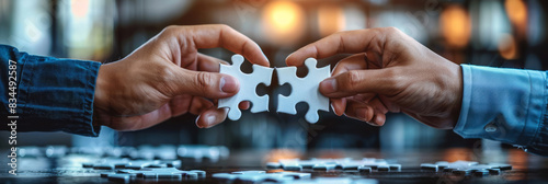 Two individuals connect puzzle pieces together, symbolizing collaboration, with focus on their hands holding two white jigsaw puzzles.