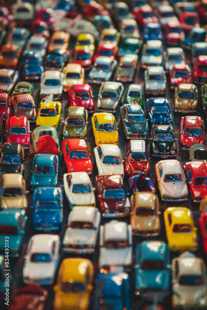 Fototapeta premium A crowded scene of miniature toy cars, tightly arranged to fill the entire frame. The cars come in various models and bright colors like red, blue, yellow, and green