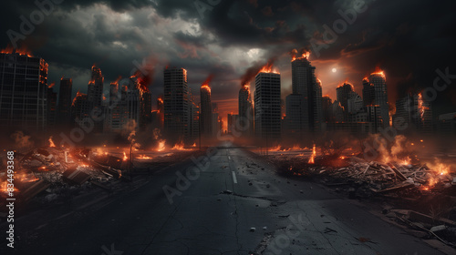 **A road leading to the horizon, with city buildings on fire in the background. The scene is set at night with dark clouds overhead. There is an atmosphere of horror or dystopian themes. In front lies