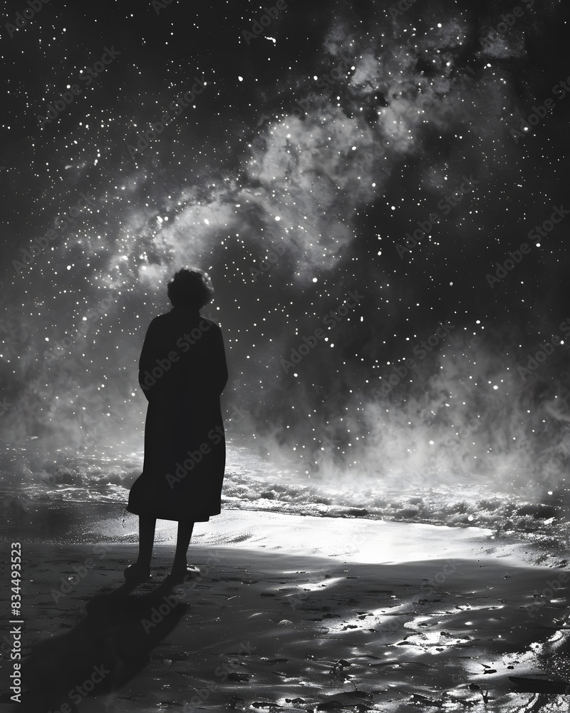 Fototapeta premium Elderly Woman Contemplating the Cosmos from the Shoreline Under a Starry Sky