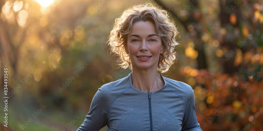 A woman, wearing sportswear and with short hair, smiles as she runs outdoors in the morning sun, with a blurred background. A woman, wearing sportswear and with short hair, smiles as she runs outdoors in the morning sun, with a blurred background.