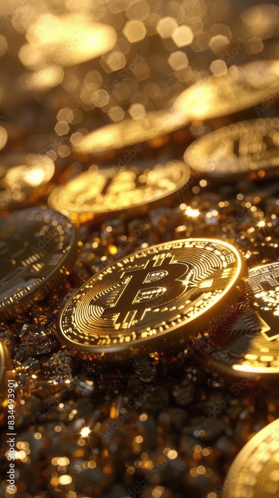 A pile of gold coins with a symbol on them is set against a dark, blurry backdrop, creating a sense of depth. A pile of gold coins with a symbol on them is set against a dark, blurry backdrop, creating a sense of depth.
