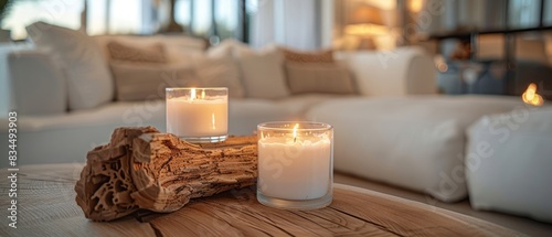 A cozy living room setting is showcased in a close-up shot of a coffee table, featuring two candles in clear glass jars and a piece of arranged wood on top. photo