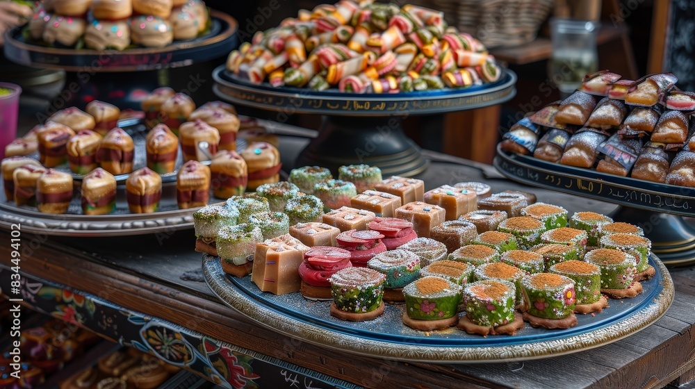 Traditional sweets for Eid Al-Adha feature vibrant presentation, intricate patterns, festive mood, and culinary detail