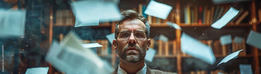 Calm and Focused: Professional Man Amidst Chaos in Busy Office Calm and Focused: Professional Man Amidst Chaos in Busy Office