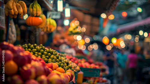 a bokeh effect, creating a dreamy and lively atmosphere. The blurred background enhances the colorful stalls and the bustling activity of vendors and shoppers photo
