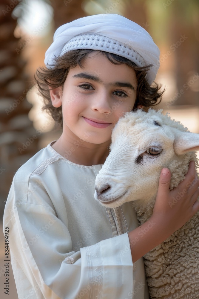 A joyful young boy in traditional clothing with sheep celebrates Eid Al-Adha in a sunny pastoral outdoor setting A joyful young boy in traditional clothing with sheep celebrates Eid Al-Adha in a sunny pastoral outdoor setting