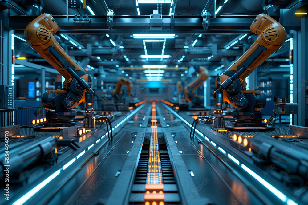 Automated assembly line with robotic arms, metallic sheen, high contrast, futuristic industrial design, photorealistic Automated assembly line with robotic arms, metallic sheen, high contrast, futuristic industrial design, photorealistic