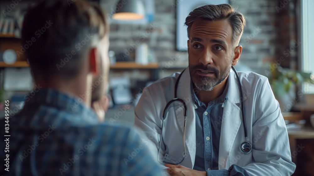 photograph of medicine, healthcare and people concept - doctor talking to male patient at medical office in hospital copy space photograph of medicine, healthcare and people concept - doctor talking to male patient at medical office in hospital copy space