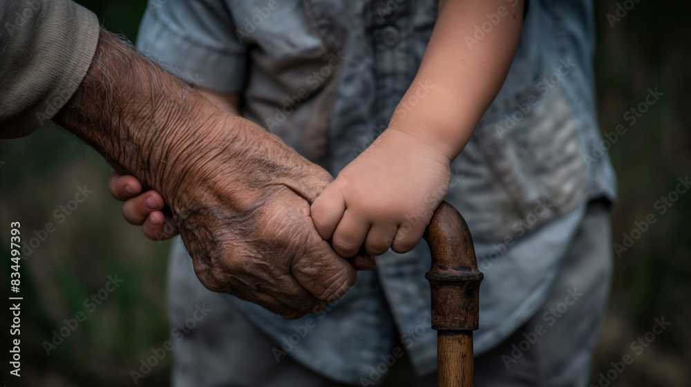 Man guiding child with cane in hand Man guiding child with cane in hand