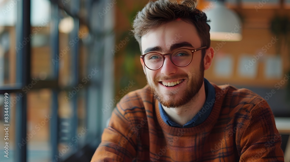 Fototapeta premium Cheerful Young Professional Content Strategist Smiling at in Casual Office Setting
