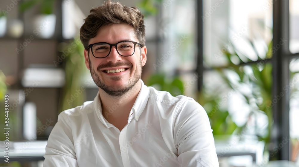 Obraz premium Confident Young Businessman Smiling in Office Setting Working as Successful Actuary