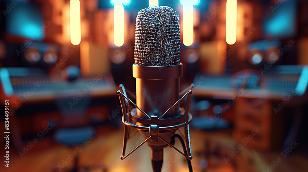 A microphone in the foreground, a blurred background of an open music studio with lights and musical instruments A microphone in the foreground, a blurred background of an open music studio with lights and musical instruments