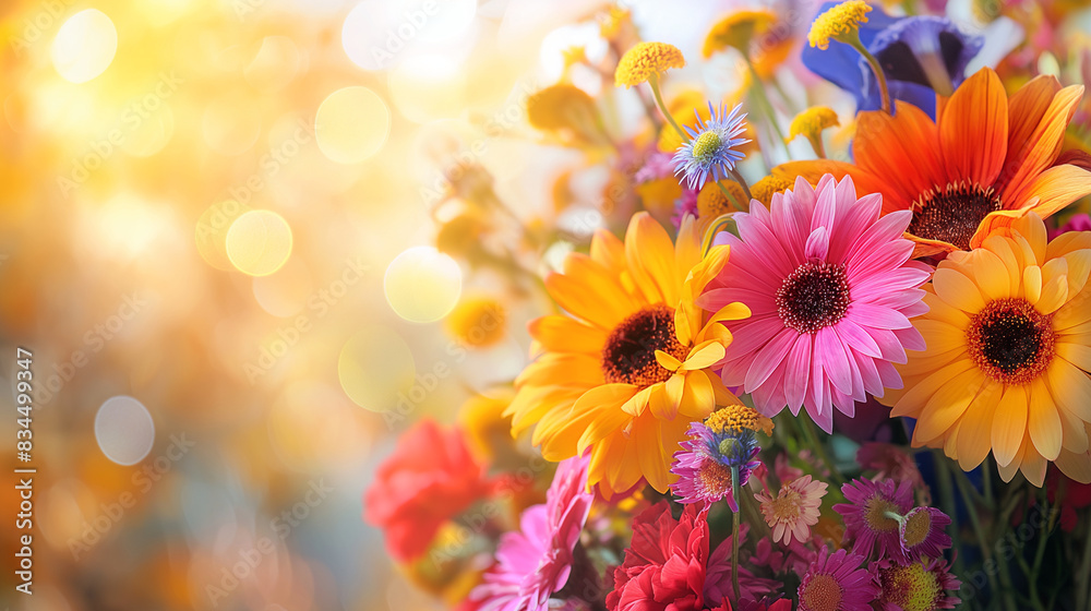 Fototapeta premium an arrangement of colorful flowers in full bloom, capturing the essence of summer on the Summer Solstice, Summer Flowers, hd, with copy space, inscription Summer Solstice