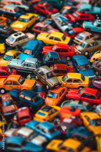 A crowded scene of miniature toy cars, tightly arranged to fill the entire frame. The cars come in various models and bright colors like red, blue, yellow, and green
