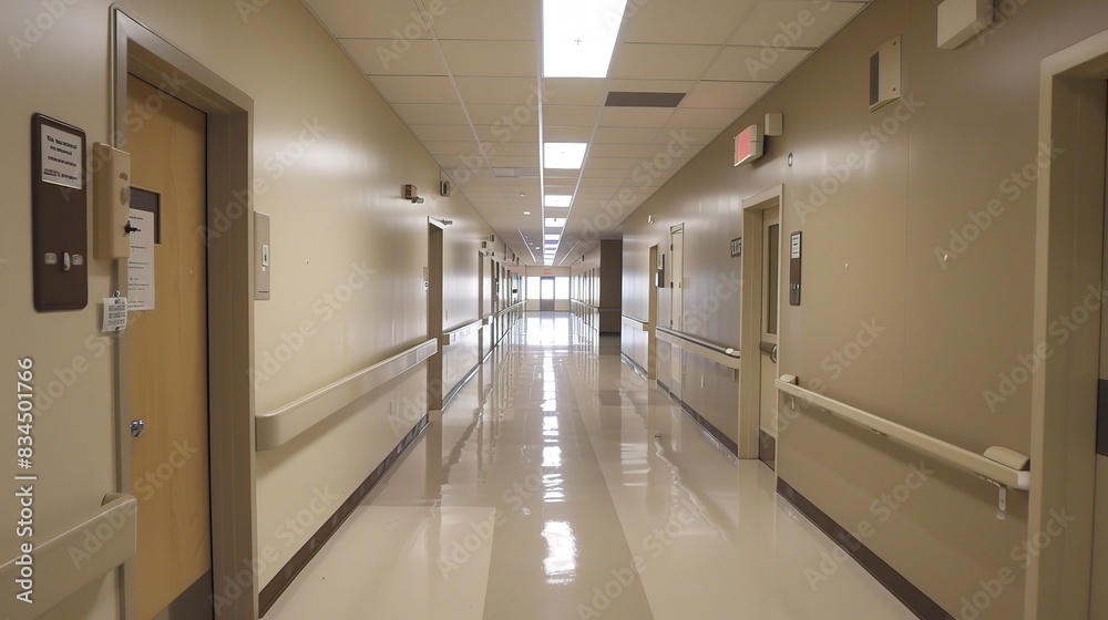 Serene Hospital Corridors: Clean, Well-Lit Paths for Healing and Hope, with Medical Staff and Patients Serene Hospital Corridors: Clean, Well-Lit Paths for Healing and Hope, with Medical Staff and Patients