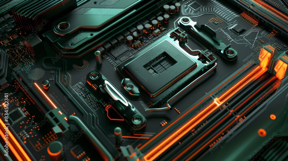 Fototapeta premium modern computing server cooled in immersion fluid, top view, gentle waves, dark green theme with orange accents, futuristic, high tech, minimalistic