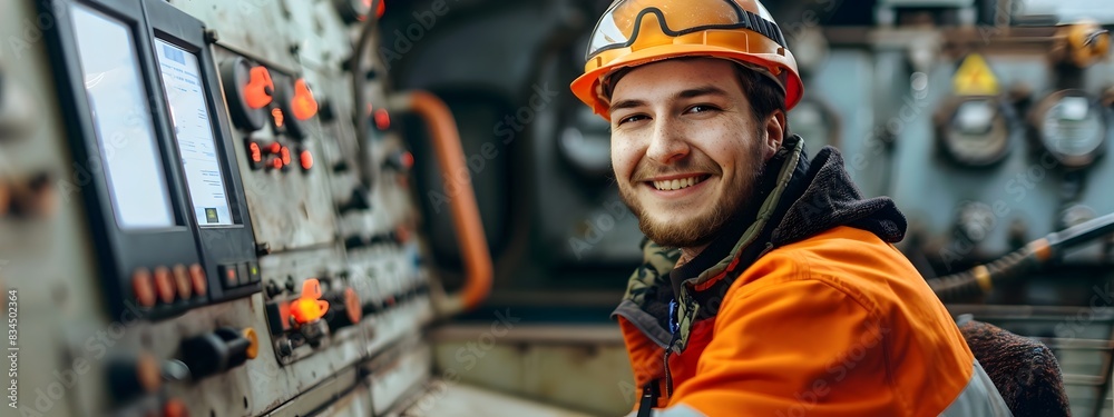 Smiling Young Machinery Operator in Hardhat and Safety Gear at Industrial Worksite Smiling Young Machinery Operator in Hardhat and Safety Gear at Industrial Worksite
