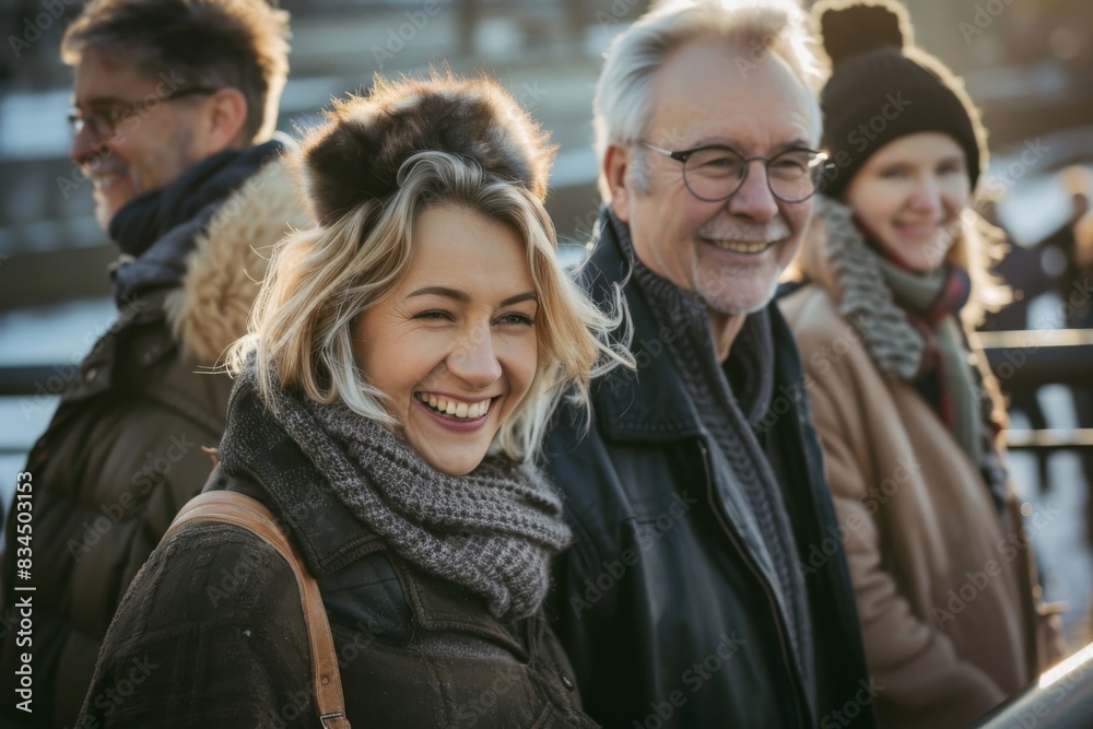 Portrait of happy senior couple smiling at camera with friends in background Portrait of happy senior couple smiling at camera with friends in background
