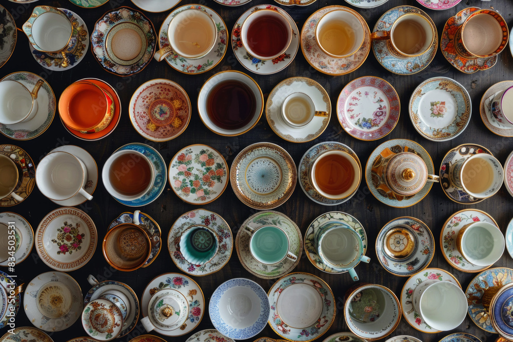 A crowded collection of tea cups in various styles, colors, and patterns, filling the entire frame. The cups include vintage, modern, and ornate designs, creating a charming and eclectic background. A crowded collection of tea cups in various styles, colors, and patterns, filling the entire frame. The cups include vintage, modern, and ornate designs, creating a charming and eclectic background.