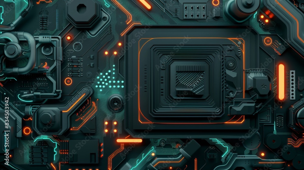 Fototapeta premium modern computing server cooled in immersion fluid, top view, gentle waves, dark green theme with orange accents, futuristic, high tech, minimalistic
