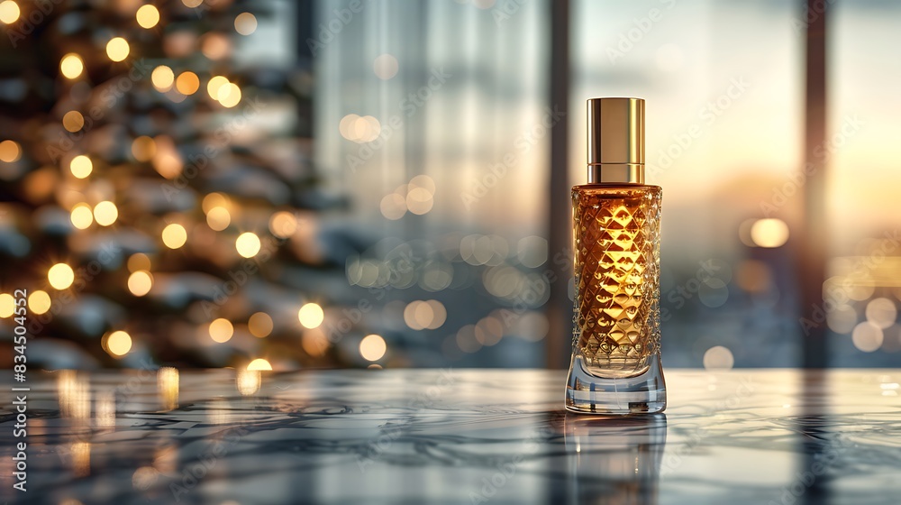 Elegant product mockup of a luxury perfume bottle with gold accents, placed on a marble surface Elegant product mockup of a luxury perfume bottle with gold accents, placed on a marble surface