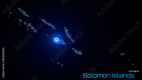 Solomon Islands, with its capital city of Honiara, is represented as a microchip with a central processing unit. A technological representation of the country's outline. Black background. photo