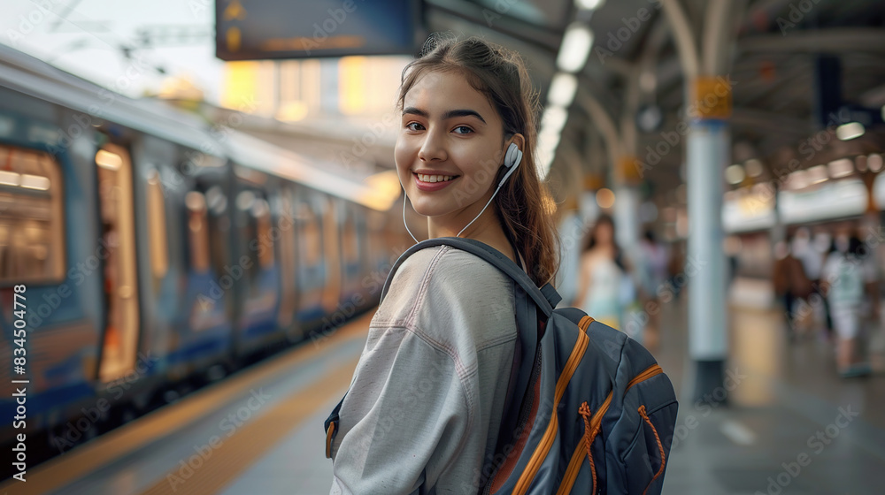 A beautiful woman with a backpack is waiting for the subway at the subway station. She is smiling and turning back with her headphones A beautiful woman with a backpack is waiting for the subway at the subway station. She is smiling and turning back with her headphones
