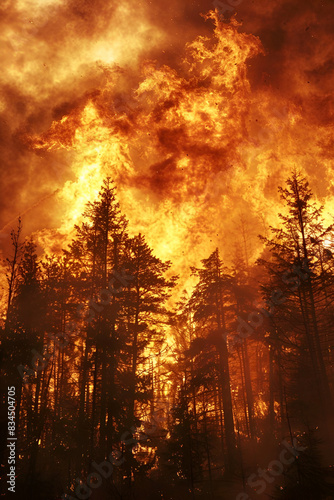Wildfire raging through a forest, demonstrating the devastating effects of natural disasters. For educational, environmental awareness, and disaster preparedness materials. © Lolik