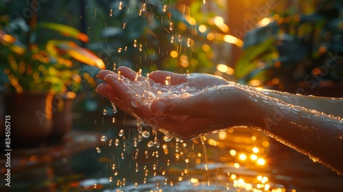 Hands Holding Sparkling Water with Sunlight Reflections