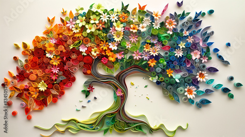 Quilling colorful tree in bloom on simple light background