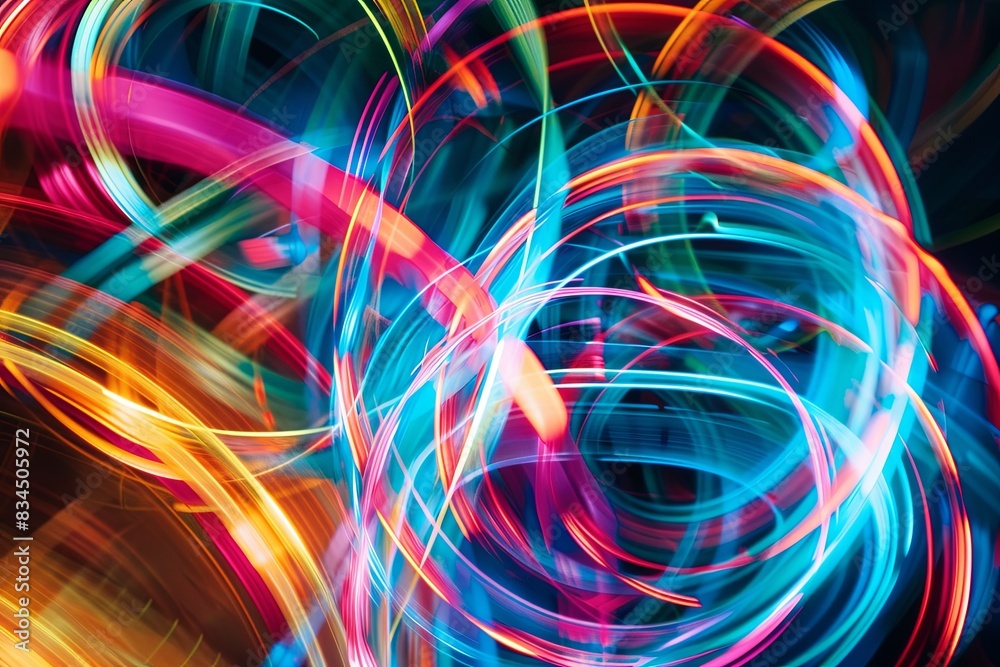 Employ the image as a foundational element in digital artworks, design projects, and visual compositions. The vibrant luminous lines and swirling circles lend a high - tech touch to any creation. Employ the image as a foundational element in digital artworks, design projects, and visual compositions. The vibrant luminous lines and swirling circles lend a high - tech touch to any creation.