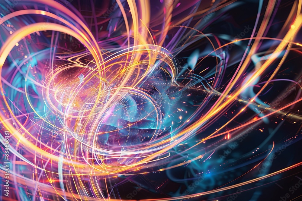 Employ the image as a foundational element in digital artworks, design projects, and visual compositions. The vibrant luminous lines and swirling circles lend a high - tech touch to any creation. Employ the image as a foundational element in digital artworks, design projects, and visual compositions. The vibrant luminous lines and swirling circles lend a high - tech touch to any creation.